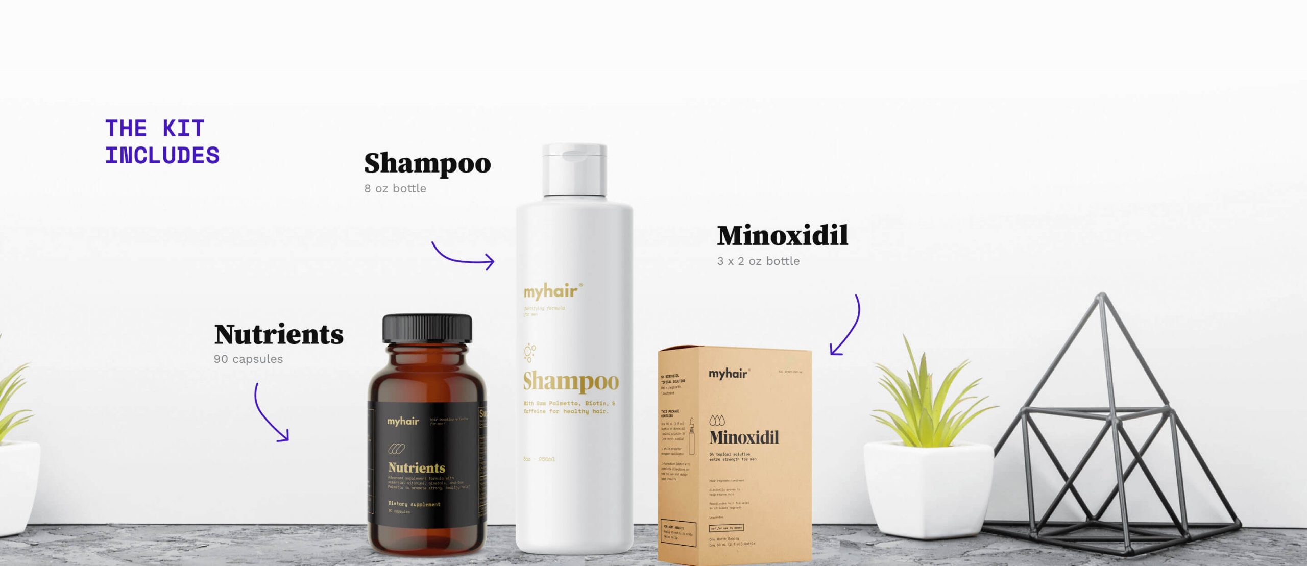 The Kit, showing an 8oz bottle of Shampoo, 90 capsule bottle of Nutrients, and three 2-ounce bottles of Minoxidil