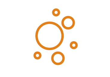 An orange icon of six 2D bubbles of various sizes