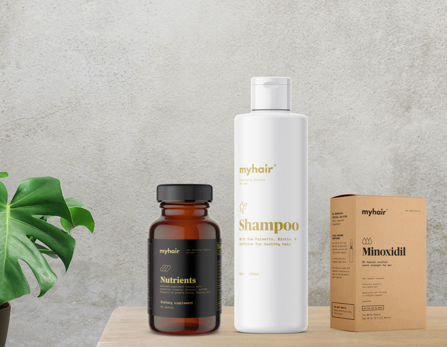 The Kit, showing the three products included: Minoxidil, Shampoo, and Nutrients