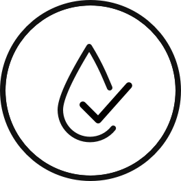 A circular icon with a droplet and check mark within it