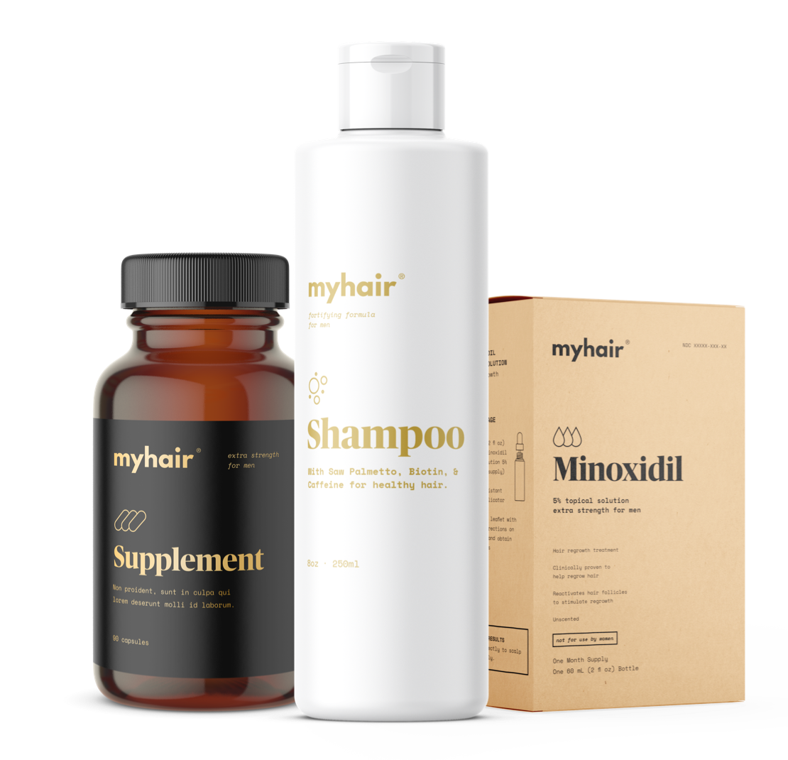 The myhair Kit, showing Nutrients, Shampoo, and Minoxidil